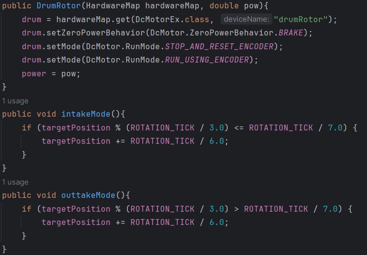 Java code for the DrumRotor class showing intakeMode and outtakeMode methods
