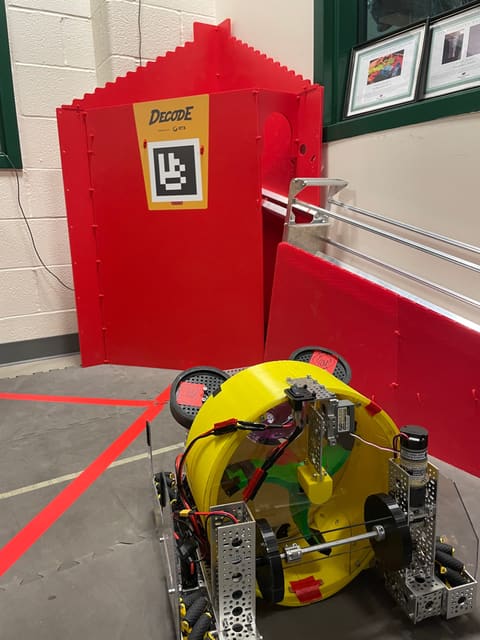 The robot lined up at the red goal