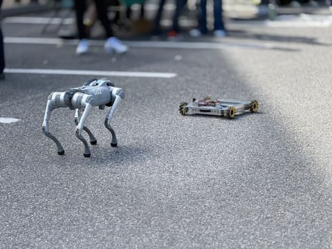 A quadruped robot dog next to our drive chassis on asphalt